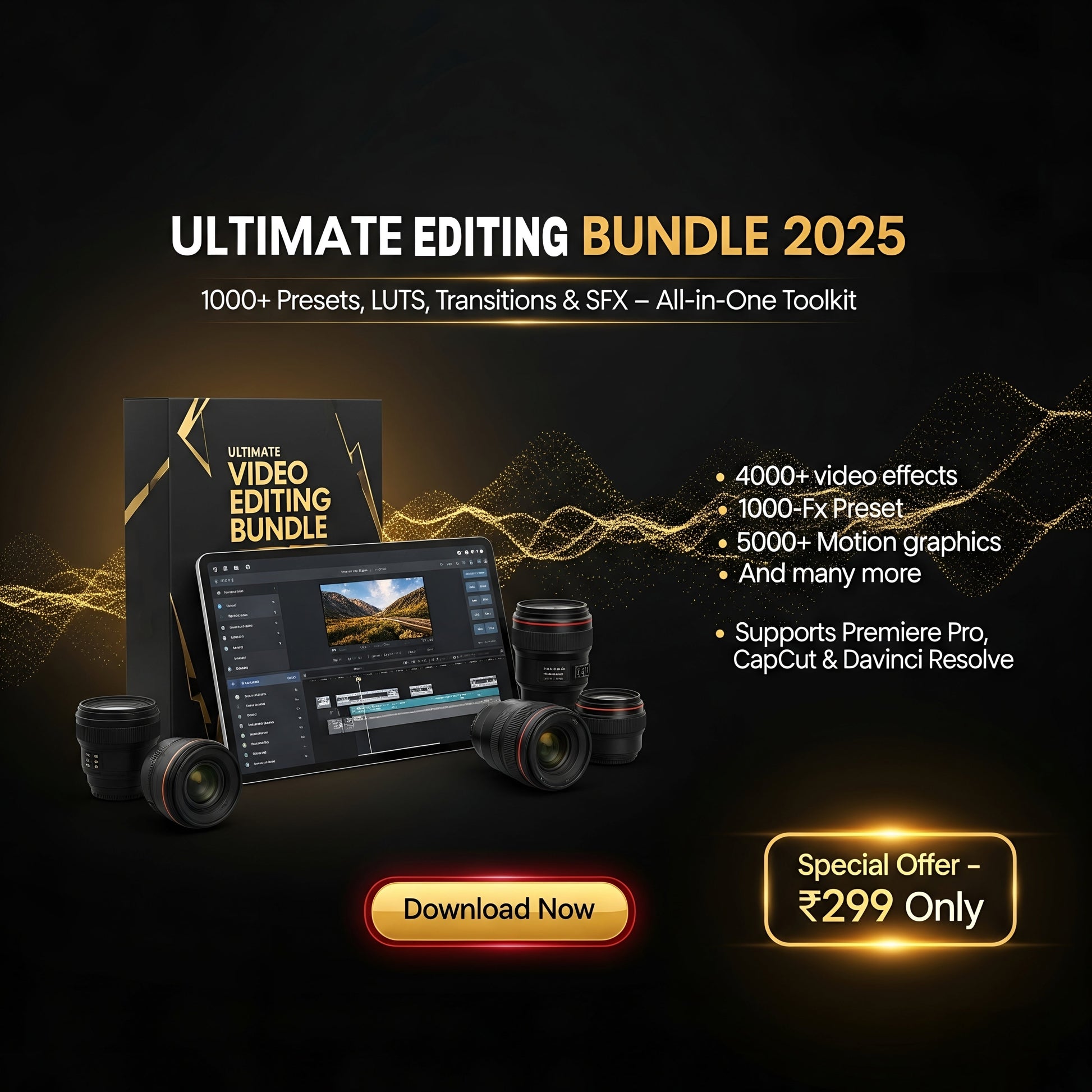Ultimate Video Editing Bundle 2025 | 1000+ Presets, Transitions, LUTs & SFX for Premiere Pro, After Effects, DaVinci Resolve & CapCut Growpack
